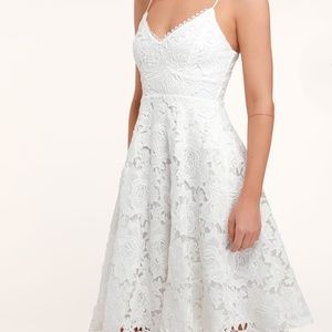 LULUS NORA LEE WHITE SLEEVELESS LACE MIDI DRESS